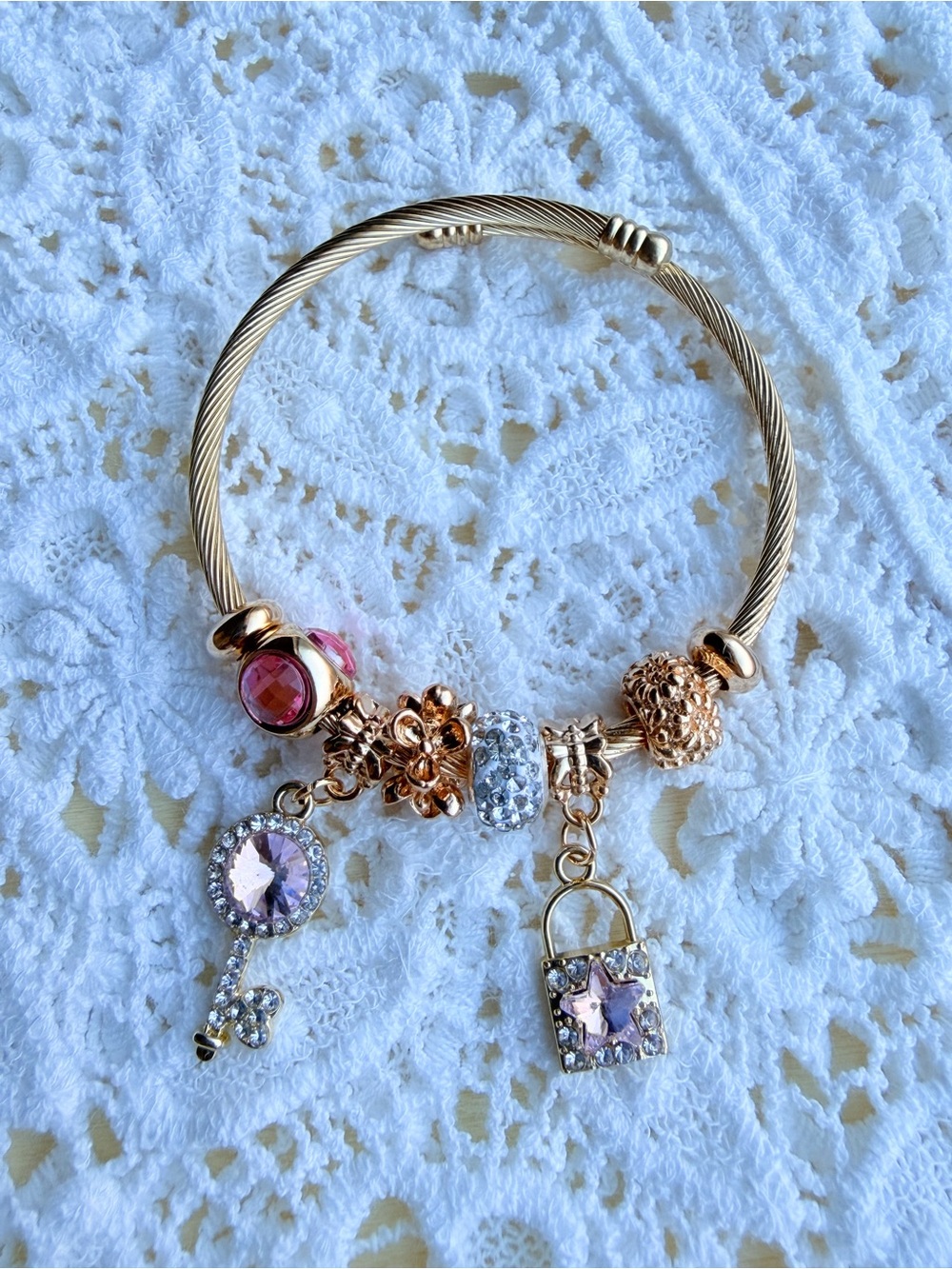 New! Gold Bracelet with Pink and Clear Crystal Charms - Picture 7 of 8